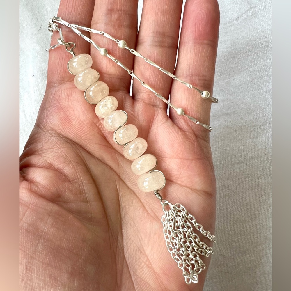 925 ELEGANT OOAK Rose Quartz Long Cleavage Pendant Necklace